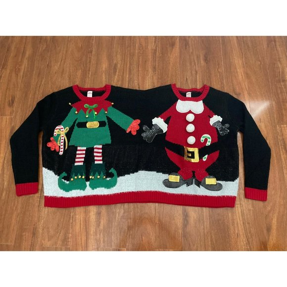 Holiday Time Sweaters - Holiday Double Sweater Elf & Santa Wear with a Friend Christmas Sm/M UGLY